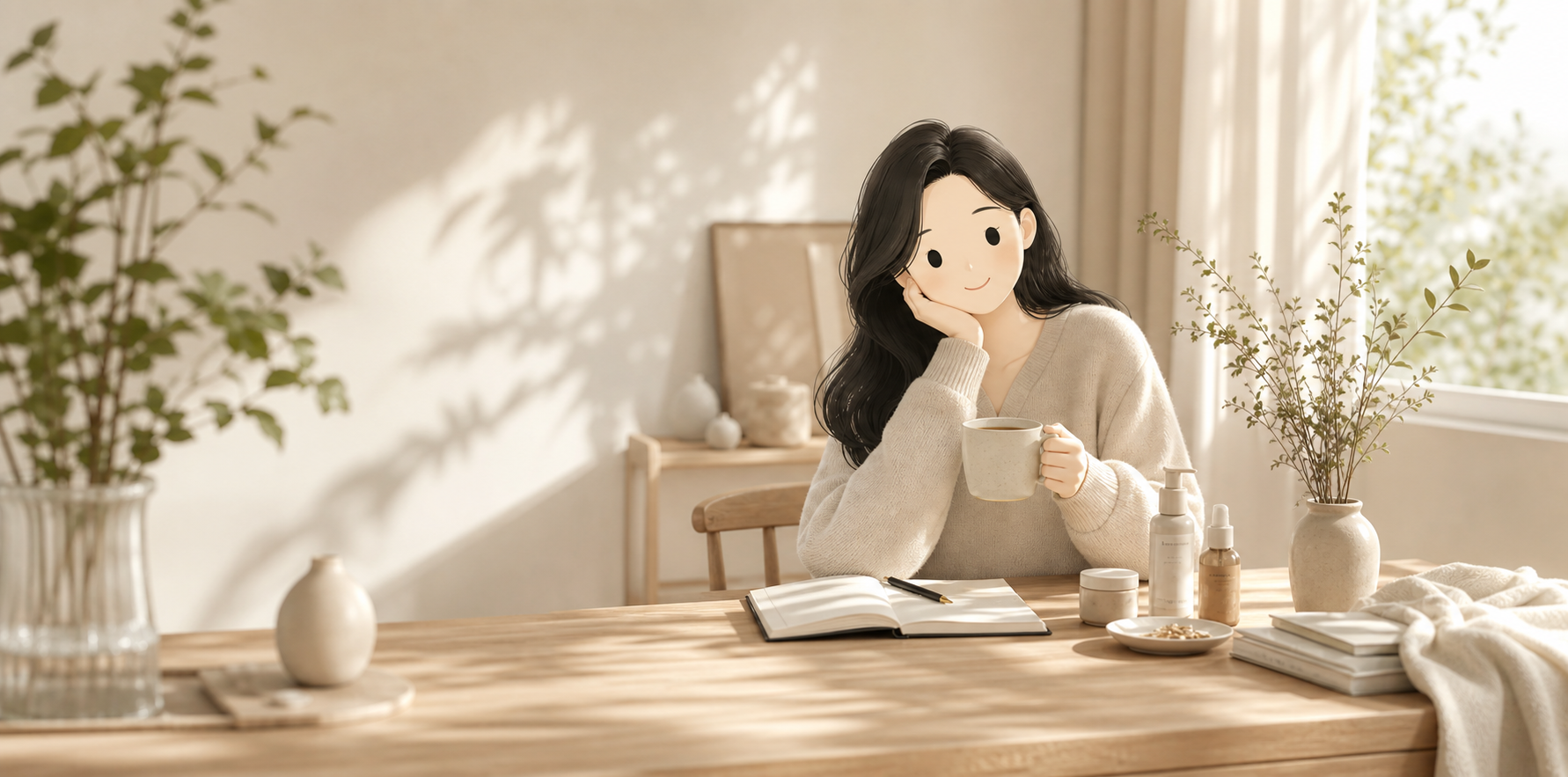 やさしい朝の部屋で、ひとやすみちゃんがノートとお茶のそばに座っているヒーロービジュアル